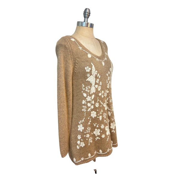 Soft Surroundings Tan Embroidered Knit Sweater NWT Floral Bird Design XS - Picture 2 of 5